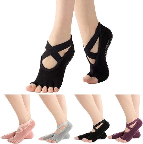 4 paar - Yoga & Pilates sokken met antislip - yoga sokken voor dames - damesyogasokken met tenen - geklemde pilatessokken - 'Ballerina Yoga'