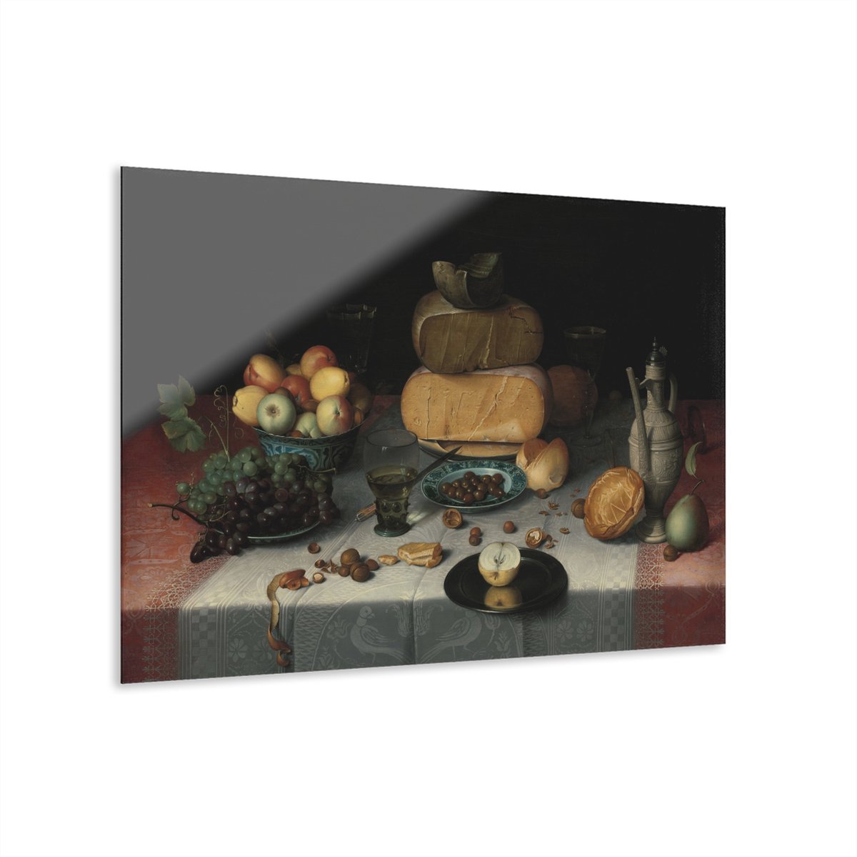 Myfinto Indoorart - Glasschilderij stilleven met kazen 120x80 CM - Afbeelding op plexiglas - Inclusief montagemateriaal rood