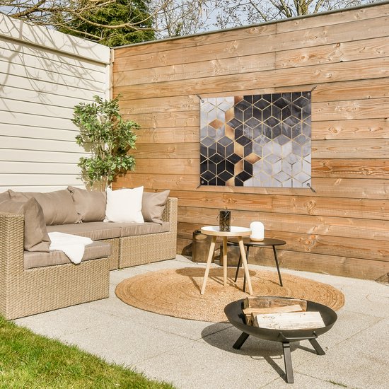 Tableau jardin Abstrait - Cube - Goud - Motifs - Zwart - Wit - 80x60 cm - Affiche jardin - Toile jardin - Affiche extérieur