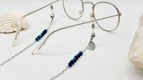 Zonnebrillenkoordje Dames | Zilveren brillenkoord | Blauwe kralen brillenkoordje | Kralen brillenkoord | Zilveren brillenketting | Sunglasses cord