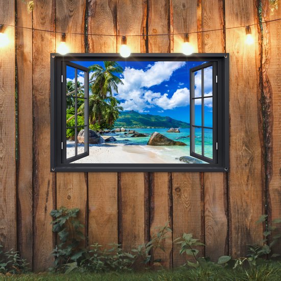 Tuinposters - Tuindecoratie - Doorkijk - Strand - Tropisch - Zomer - 120x80 cm - Tuin decoratie - Schutting decoratie - Tuinposter - Schuttingdoek - Buitenposter - Tuinversiering - Balkon decoratie - Tuinschilderij
