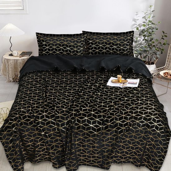 Parure couvre-lit Luxe - Set de 3 pièces - Couvre-lit 200x230 - Kussensloop 2x 50x70 - Zwart à carreaux dorés