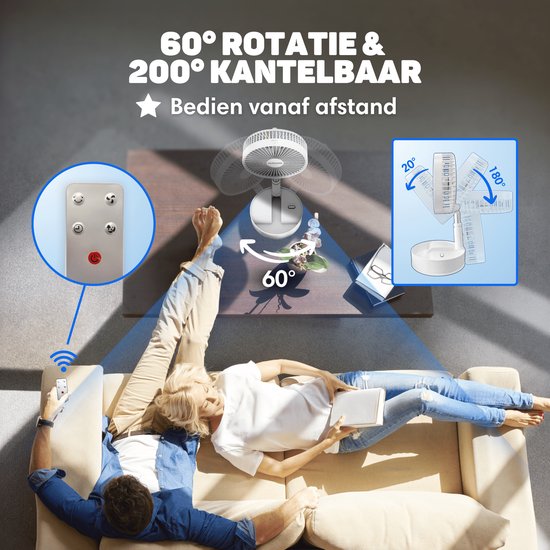 Een man en vrouw ontspannen op de bank, bedienen een witte ventilator met afstandsbediening. De ventilator roteert 60° en kantelt 200°.