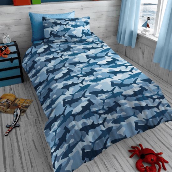 Dekbedovertrek Shark - eenpersoons geschikt voor 140 x 200 cm. - Haai camoulfage dekbed - blauw