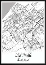 Poster Plattegrond Den Haag in zwart / wit. Voor de echte liefhebber van Den Haag - 50x70 met witte lijst