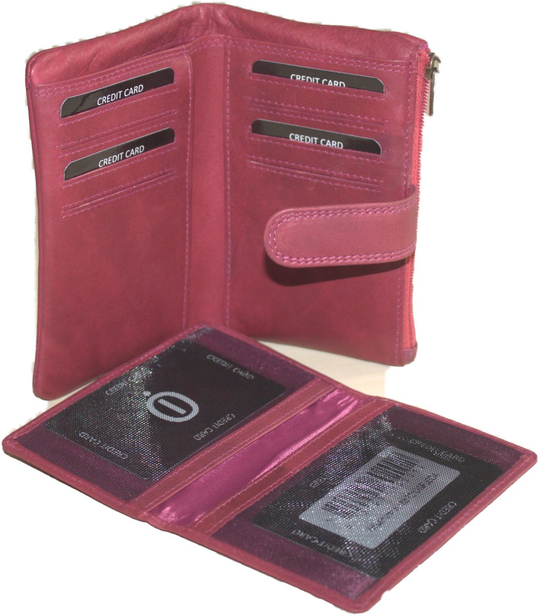 OI Fuchsia roze leren damesportemonnee zeer zacht / soft lederen damesbeurs met uitneembaar pasjesmapje en verborgen vak / portemonnee met rits / rose leer / 721Fuchsia