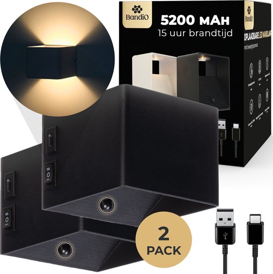 2x BandiO Paris Oplaadbare wandlamp op batterijen - 5200mAh batterij - zwarte sensor - 2700K - met bewegingssensor - wandlamp oplaadbaar - binnen - trapverlichting