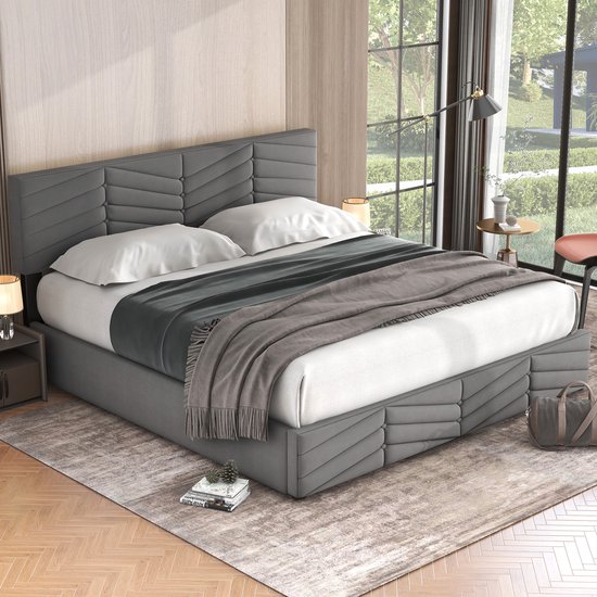 Sweiko Stoffering Bed, Dubbel Bed, Hydraulisch Functioneel Bed, Fluweel, Stripe Style, Continental Bed, Hoogte Verstelbaar Hoofdbord, 180 x 200, Grijs