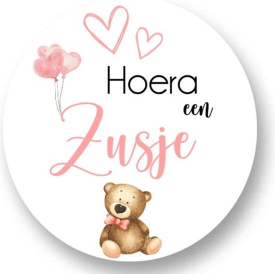 Foto: 20x sluitsticker hoera een zusje roze 40 mm baby bear geboorte sticker sluitzegel sticker geboortekaart meisje baby nieuws trakteren broer zus basisschool kinderdagverblijf glossy sluitzegel wensetiket