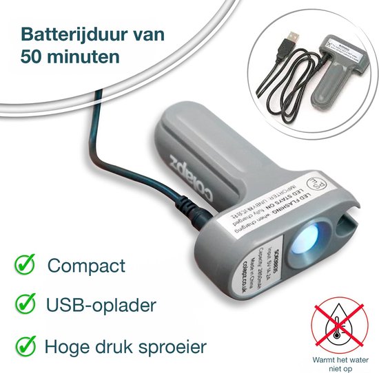 Grijze oplaadbare campingdouche met ledlampje en USB-kabel.
