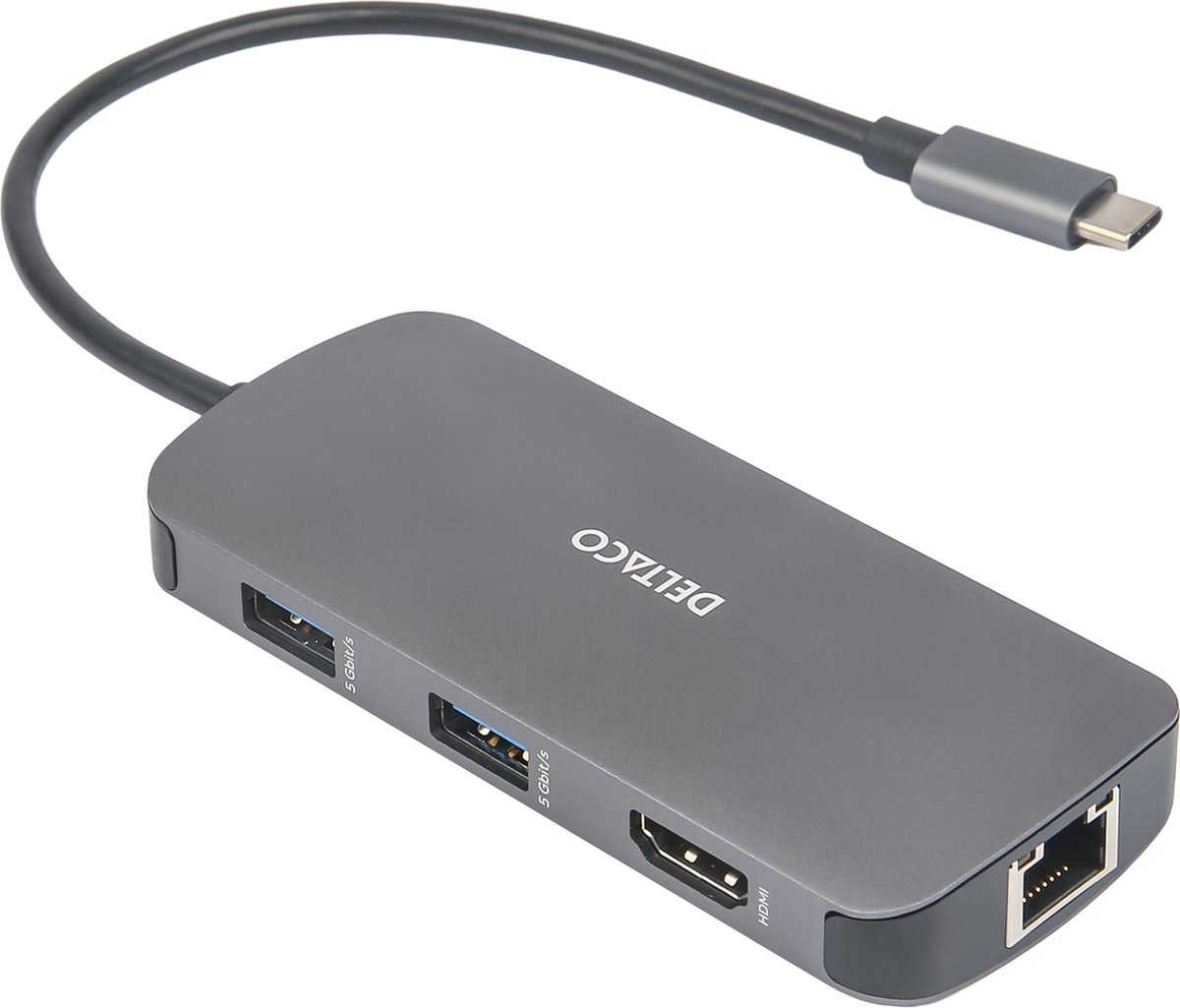 Deltaco USBC-HDMI26 USB-C Docking Station - HDMI 4K 60Hz - RJ45 - 3 x USB 3.1 - USB-C 85W - SD kaart - Space Grey
