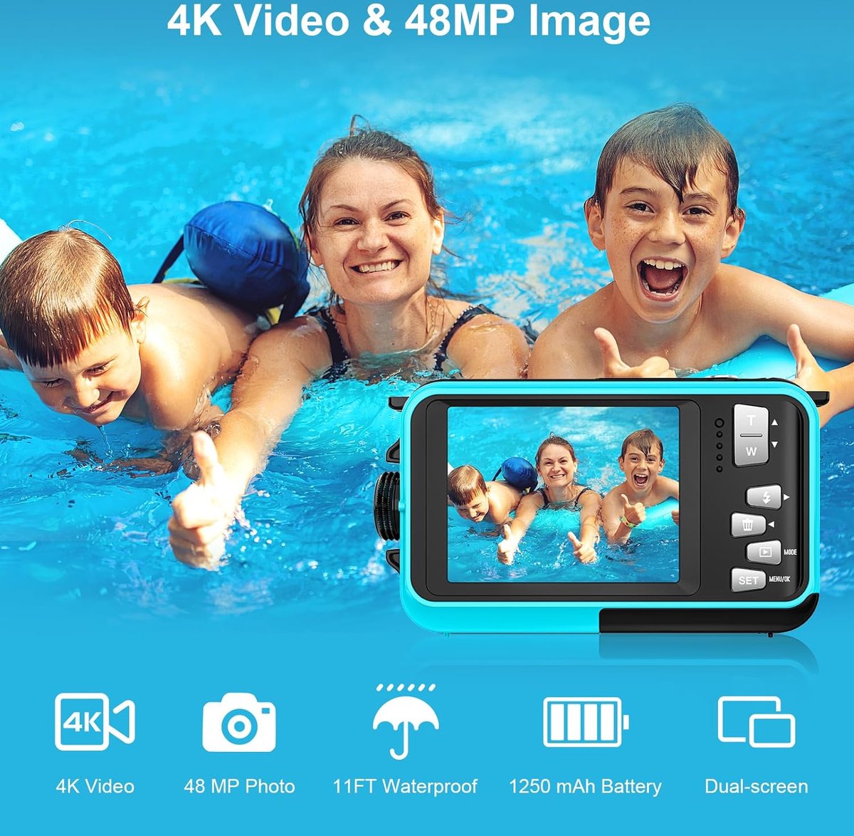YISENCE Appareil Photo Numérique Etanche 4K 48MP Autofocus Caméra Sous-Marine Carte Mémoire 32G
