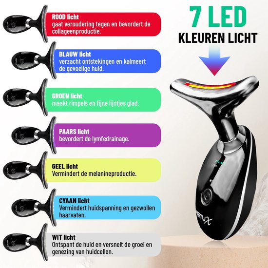 MetuX® Huidverjongingsapparaat – Facelift Apparaat – Huidverjonging – Gezichtsreiniger - Huidverzorging - Huidverjongingsapparaat Gezicht – Rimpel Verwijderaar - Verminderen van Acne, Lijnen, Rimpels - Gezichtsmassage - Nekmassage - 7 LED Technologie