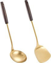 Wok Spatula en pollepel wok gebruiksvoorwerpen, 35,5 - 35,8 cm wok spatel, roestvrij staal gouden wok troffel set