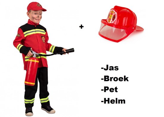 Luxe Brandweer man kostuum rood mt.152 - Jas broek pet en helm - KIDS - Brandweerman verjaardag thema feest