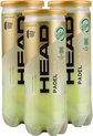 Drie blikken HEAD PADEL PRO S padelballen met gouden en witte accenten.