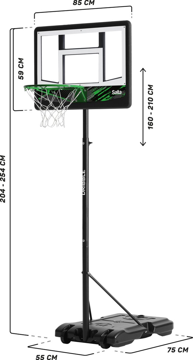 Salta Dribble – Basketbalpaal voor kinderen – Verstelbare hoogte 160 - 210 cm – Verrijdbaar basketbalstandaard met basketbalring – Zwart — afbeelding 3