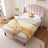 Sweiko Gestoffeerd bed 90*200 met lattenbod en hoofdeinde, jeugdbed, eenpersoonsbed, houten lattensteun, gemakkelijke assemblage, fluweel, roze