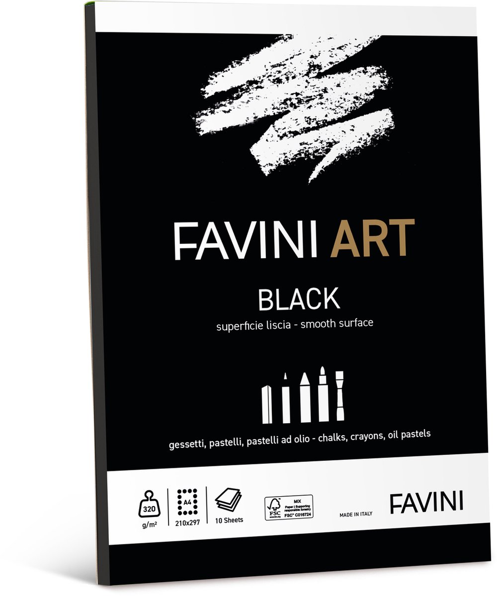 Favini ART BLACK PAD zwart glad papier voor wasco krijt potlood olieverf 320 g. 10 sheets A4