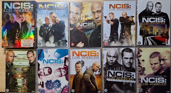 Collectie van 10 seizoenen NCIS: Los Angeles dvd-boxen met de hoofdrolspelers op de hoezen.