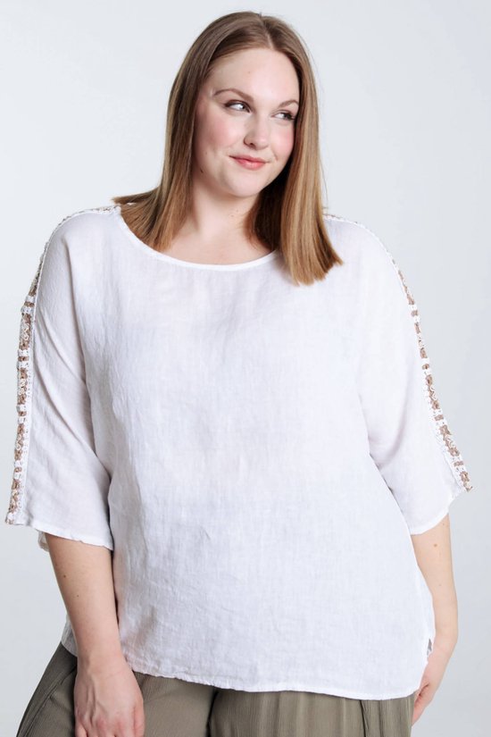 Paprika Effen blouse in linnen met borduurwerk op de schouders