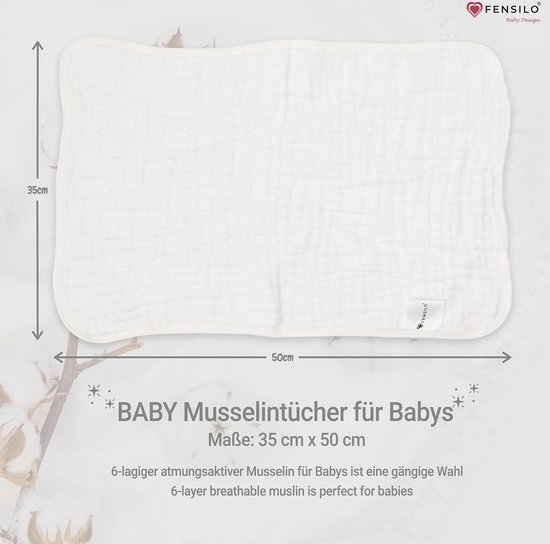 Musseline doeken - FENSILO - Hydrofiele Luiers - Hydrofiele Doeken - 100% Katoenen mousseline - 35 x 50 cm - 5 pack - Wit - Babydoeken, spuugdoeken voor baby's, 6 lagen, absorberende luiers, stoffen luiers van Merkloos — afbeelding 3