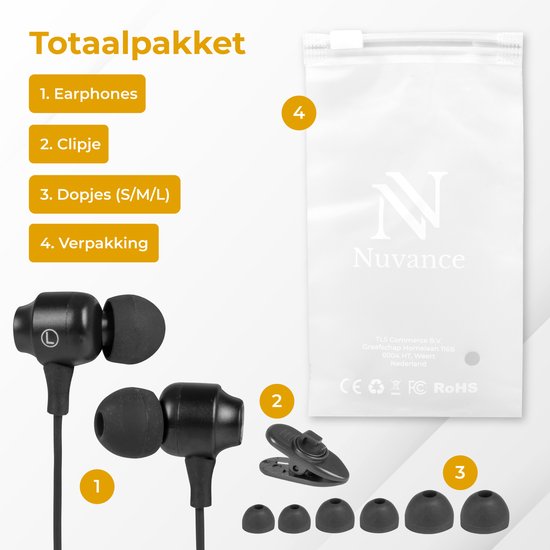 Nuvance Oortjes met Draad - 3.5mm Jack Aansluiting - Oordopjes met Draad - In-Ear Oortjes met Draad en Microfoon - Zwart