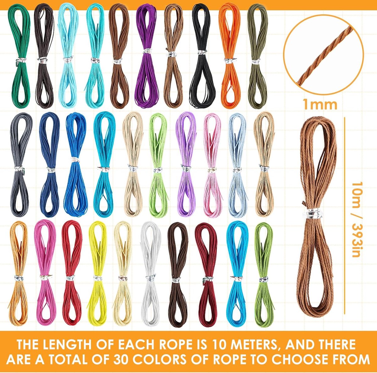 30 rollen waxgaren gewaxt katoenen koord 10 m Ø 1 mm rattail satijn nylon koord waxband macramégaren nylon koord satijnen koord waxband voor armbanden halskettingen handwerk DIY kralen
