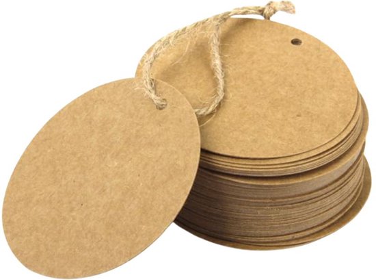 Labels - set van 100 labels rond bruin 4x4 cm. - stevig karton - prijslabels - cadeaulabels - met voorgestanst gaatje