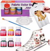 Playos® - Textielverf - 6x 25 ml - Inclusief Penseel en Palet - Permanent - Creatief Speelgoed - Kinderen en Volwassenen - Knutselen
