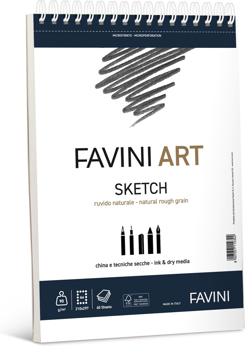 Favini® Art Sketch Pad – 40 Vellen A4 – 90 g/m² – Voor Houtskool, Wasco, Potlood, Stift en Inkt – Spiraalgebonden – Perfect voor Tekenen & Schilderen