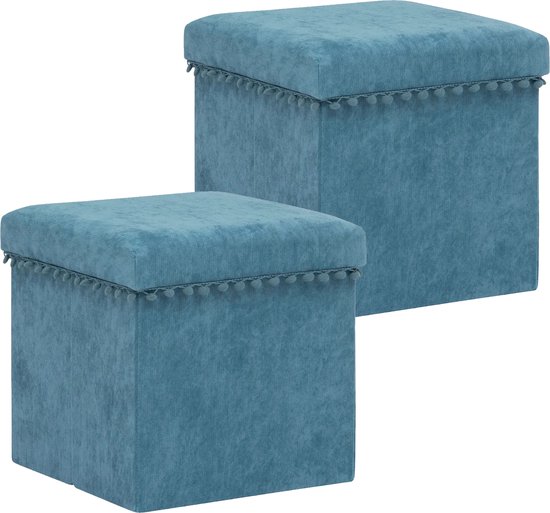 Atmosphera Poef/krukje/hocker Arabic - 2x - Opvouwbare zit opslag box - fluweel Blauw - D38 x H38 cm - MDF/polyester