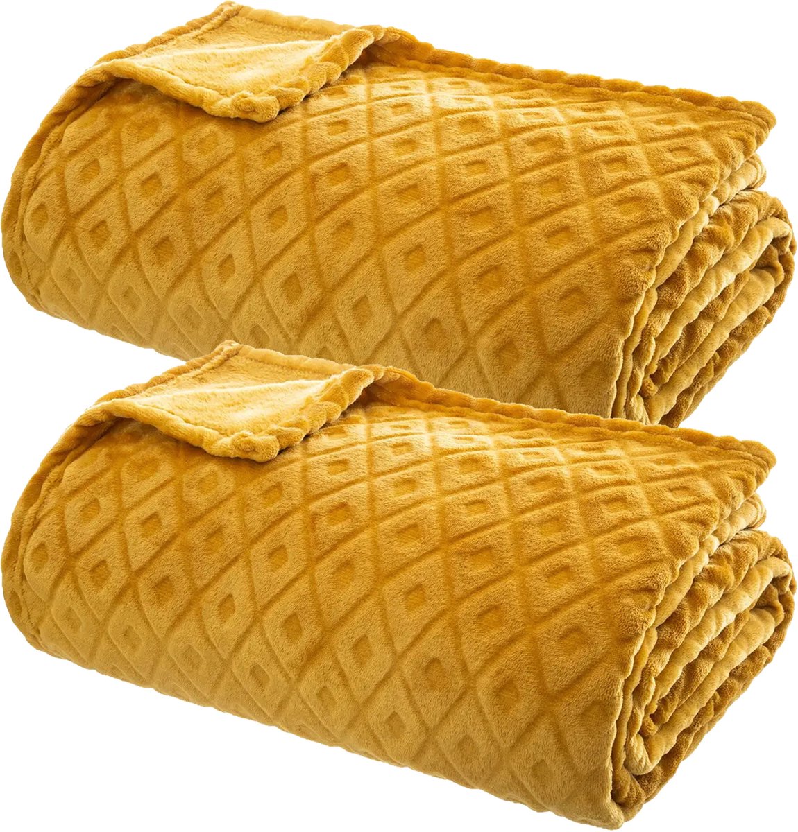 Atmosphera Plaid/bankdeken Monnet - 2x - okergeel - 180 x 230 cm - polyester fleece - ruitmotief - bedsprei