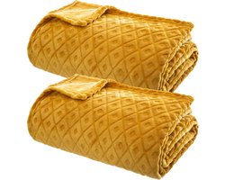 Atmosphera Plaid/bankdeken Monnet - 2x - okergeel - 180 x 230 cm - polyester fleece - ruitmotief - bedsprei