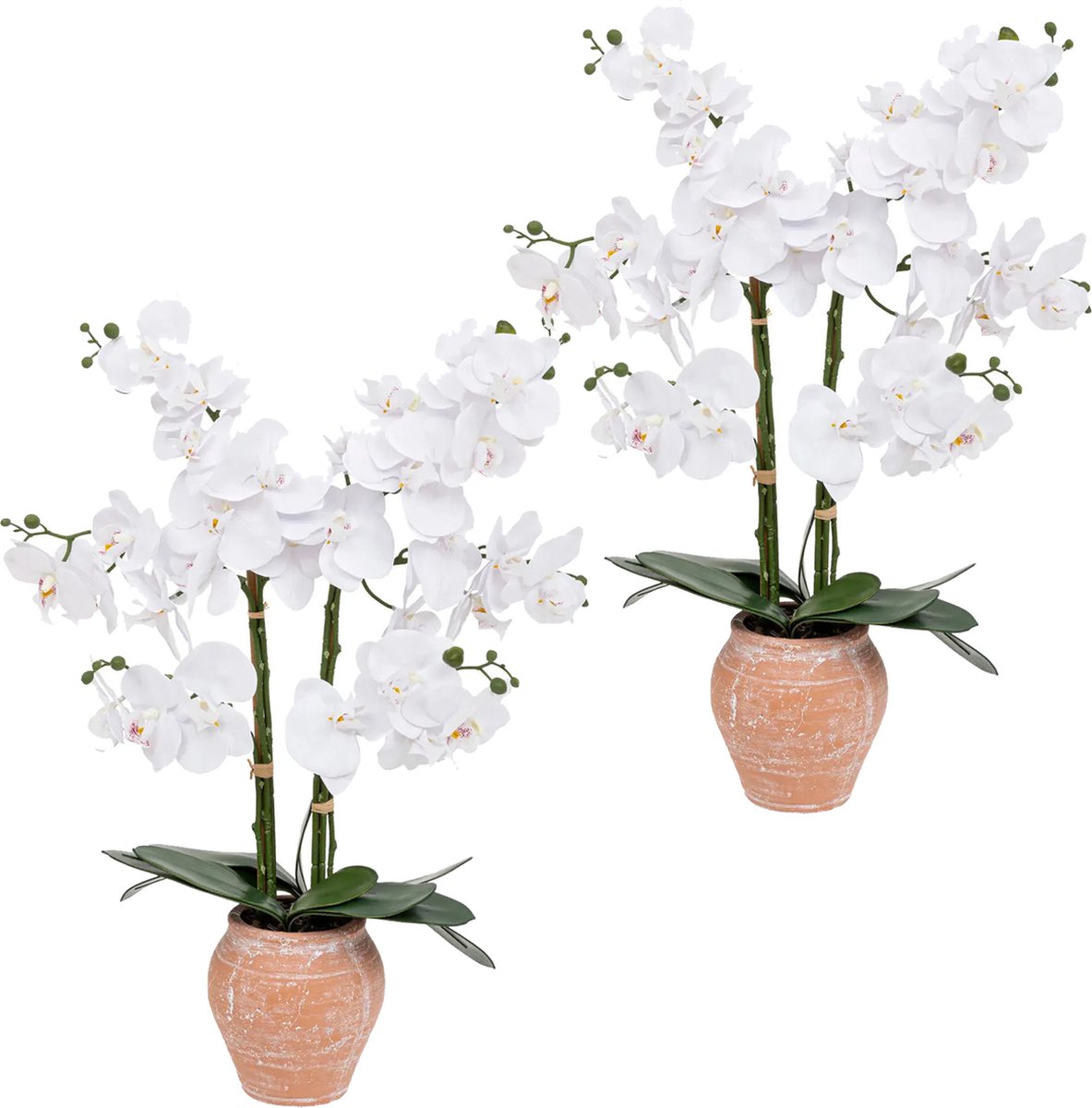 Atmosphera Orchidee bloemen kunstplant in sierlijke terracotta bloempot - 2x - witte bloemen - H65 cm