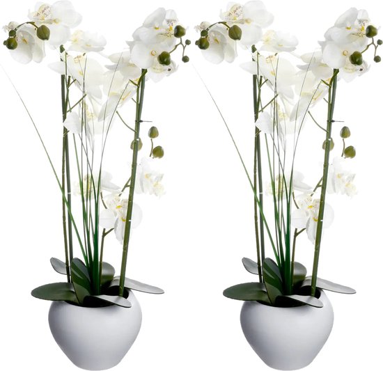 Atmosphera Orchidee bloemen kunstplant in witte bloempot - 2x - witte bloemen - H53 cm