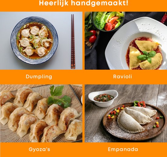 Collage van dumplings, ravioli, gyoza's en empanada's, bereid met een dumplingmaker.