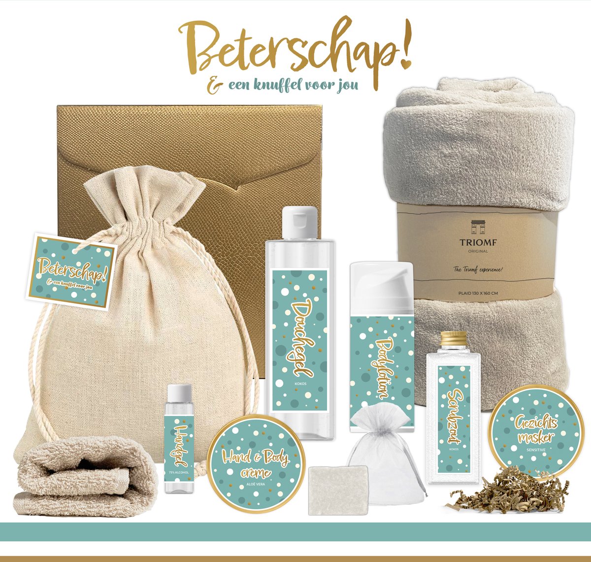 Goedkoopste Geschenkset “Beterschap! en een knuffel voor jou” - 10 producten - 1400 gram | Luxe Cadeaubox voor haar - Giftset Vrouw - Meisje - Welness Set - Speciaal voor jou - Cadeaupakket - Beterschapscadeau - Opkikkertje - Liefs - Goud - Turquoise