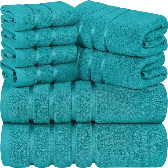 8-delige luxe handdoekenset, 2 badhanddoeken, 2 handdoeken en 4 washandjes, 97% ringgesponnen katoen zeer absorberend viscose streep handdoeken ideaal voor dagelijks gebruik (Turquosie)
