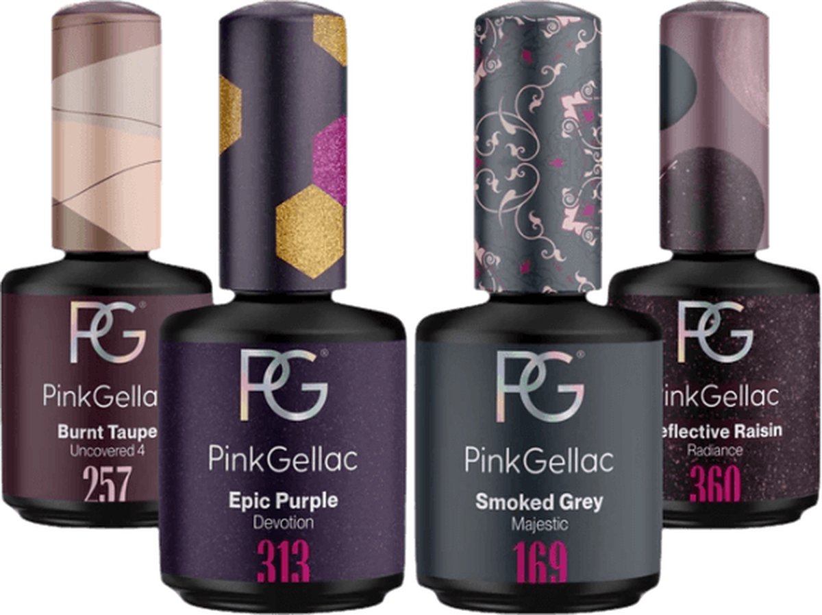 Pink Gellac Gellak Set met 4 x 15ml Kleuren - 257 Burnt Taupe - 313 Epic Purple - 169 Smoked Grey - 360 Reflective Raisin - Gel Nagellak