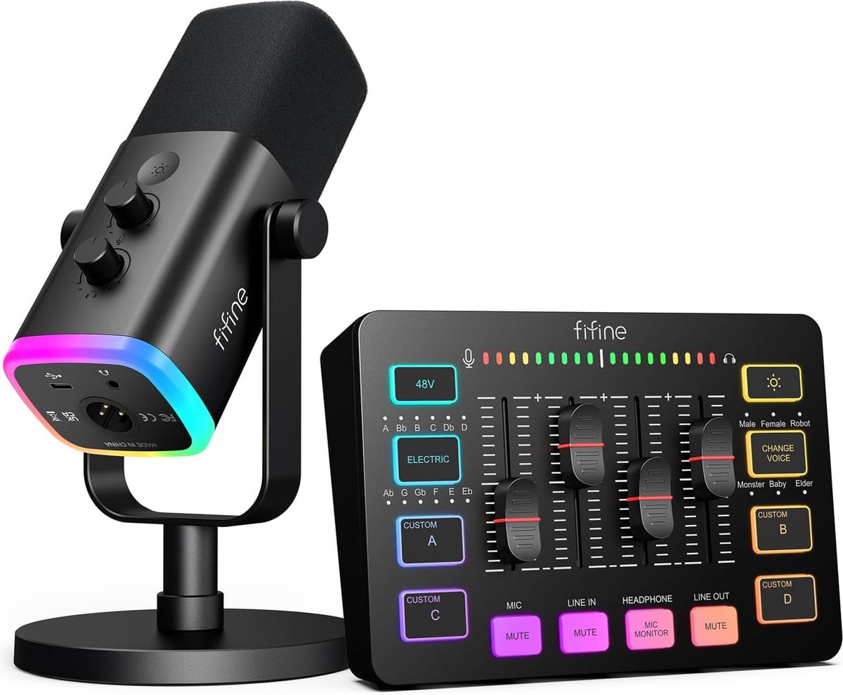 FIFINE - Starterspack - AM8 & SC3 - Podcast Starterspack - Gaming Streaming - USB RGB Microfoon - Streaming Deck - DJ Mixer