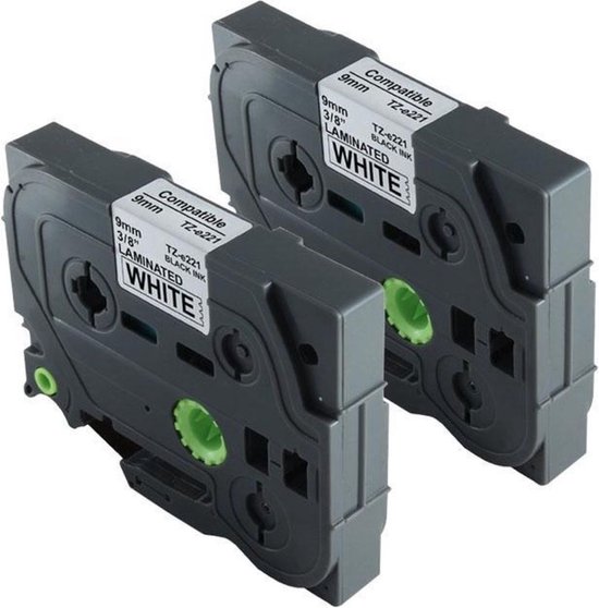 2x Brother Tze-221 TZ-221 Compatible voor Brother P-touch Label Tapes - Zwart op Wit - 9mm
