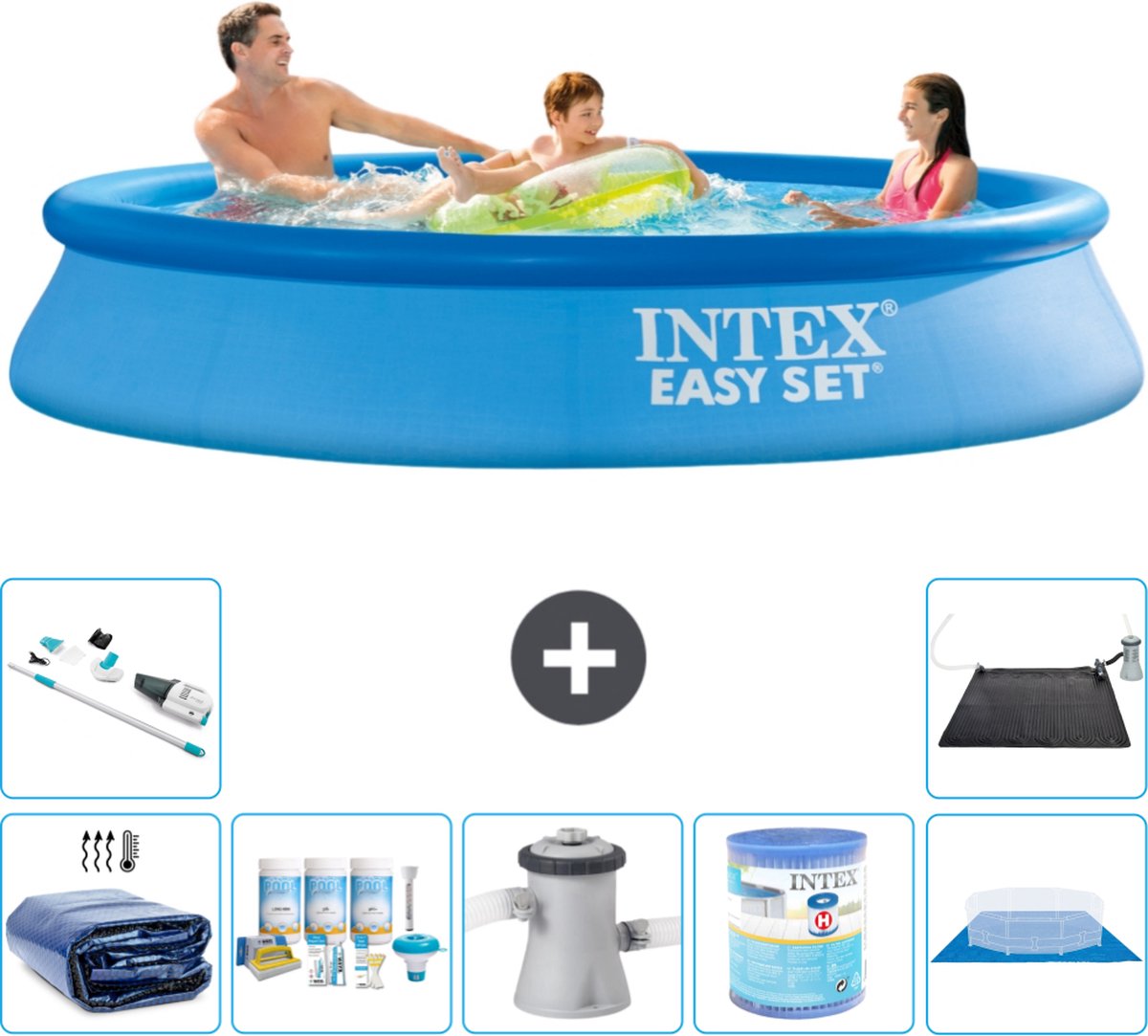 Intex Rond Opblaasbaar Easy Set Zwembad - 305 x 61 cm - Blauw - Inclusief Solarzeil - Onderhoudspakket - Zwembadfilterpomp - Filter - Grondzeil - Stofzuiger - Solar Mat - 8-delig