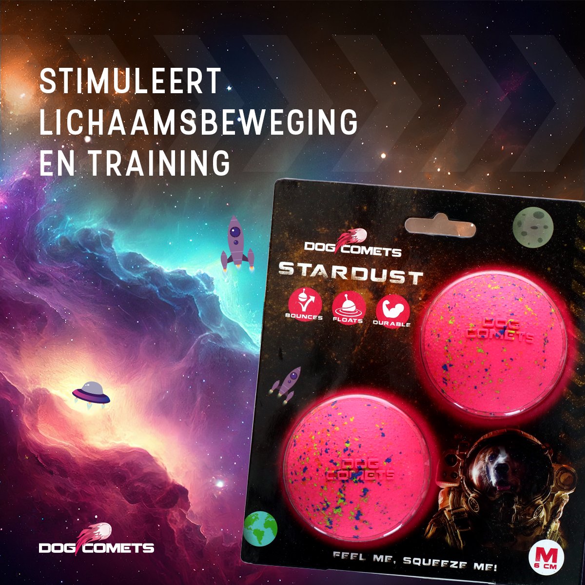 Dog Comets Ball Stardust Ø 6 cm - Rubberen Hondenbal - Hondenspeelgoed - Stuiterend en Drijvend honden speelgoed - Roze - 2 Stuks thumbnail 6