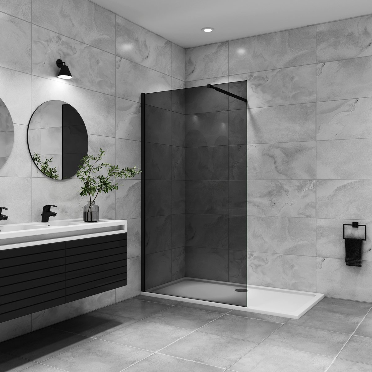 Inloopdouche 140x200cm met zwart folie, 10mm NANO EasyClean veiligheidsglas, 70-120cm Stabilisatiestang