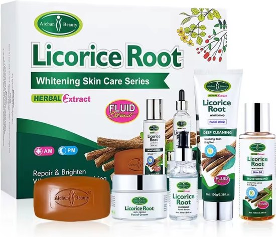 Zoethoutwortel Huidverzorgingsset – Serum, Crème, Reiniging, Huidolie & Zeep – Tegen Acne, Pigmentvlekken & Droge Huid – Hydraterend & Kalmerend – Geschikt voor Alle Huidtypen – Met Hyaluronzuur & Natuurlijke Extracten - Cadeauset
