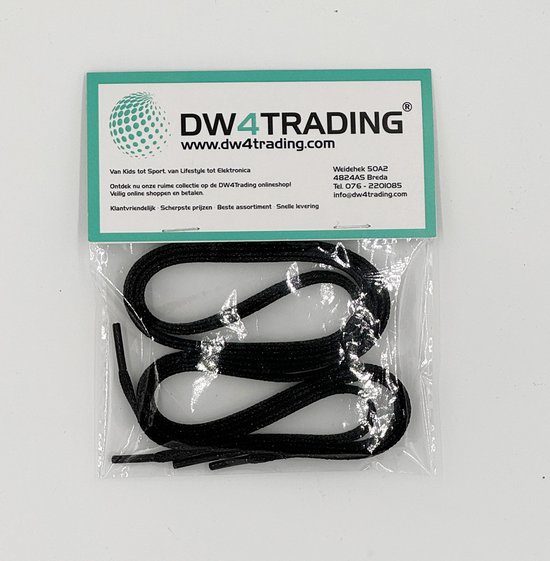 Verpakking met twee paar zwarte platte schoenveters van DW4TRADING, 100 cm.