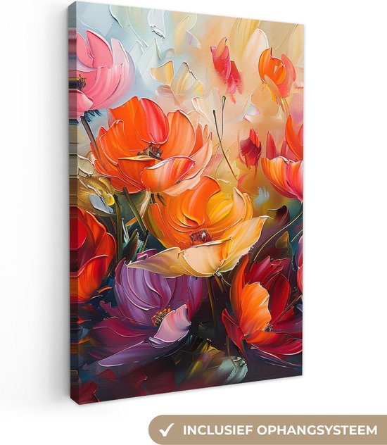 Canvas schilderij 40x60 cm - Wanddecoratie Bloemen - Kleurrijk - Verf - Abstract - Kunst - Muurdecoratie woonkamer - Kamer decoratie modern - Abstracte schilderijen