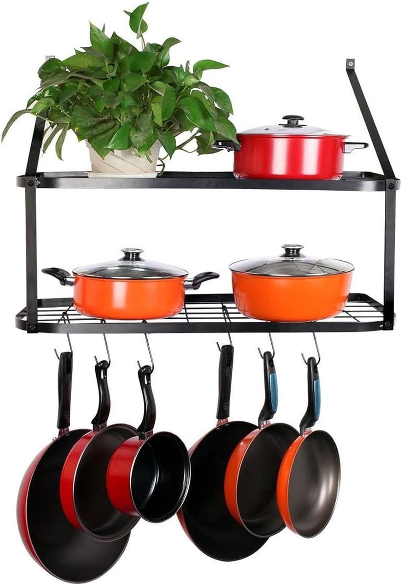2-laags ijzeren keukenrek, wandmontage met 10 haken, keukengereihouder, keukengerei, pannenhouder, pannenrek voor potten en pannen