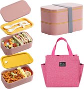 Lunchboxset, 2 niveaus, 1600 ml lunchbox met koeltas, lekvrije lunchbox met vakken, bentobox, lunchbox met bestek voor picknick, school, werk, reizen (roze)